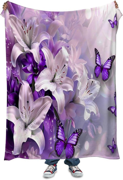 Purple Butterfly Flower Throw Blanekts Butterfly Blankets Soft Lightweight Cozy for Bed Couch Sofa Birthday Gifts Women Gifts for Her Anniversary Valentines Mothers Day Flower Gifts 60"x80"