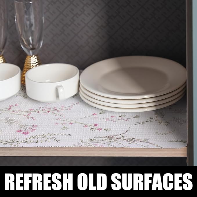 Floral Drawer and Shelf Liner for Cabinets 16IN x 20FT, Non-Adhesive and Strong Non-Slip Flower Shelf Cabinet Drawer Liners for Kitchen,Table,Bookshelves,Waterproof Cupboard Liner