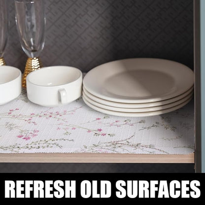 Floral Drawer and Shelf Liner for Cabinets, Non-Adhesive and Strong Non-Slip Flower Shelf Cabinet Drawer Liners for Kitchen,Table,Bookshelves,Waterproof Cupboard Liners,12IN x 10FT