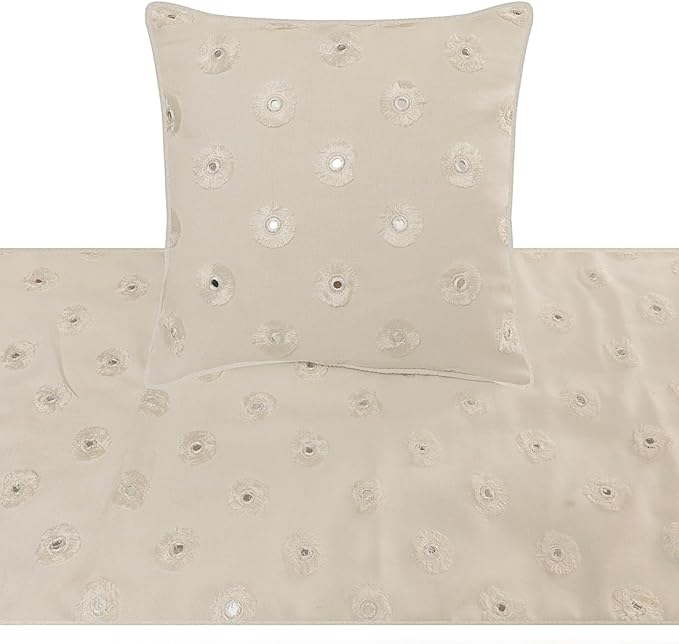 The HomeCentric King Queen Twin White Decorative Twin 53"x18" Bed Runner with Pillow Cover, Mirror Embroidery Bed Scarf on Cotton Fabric - Mirror Lover