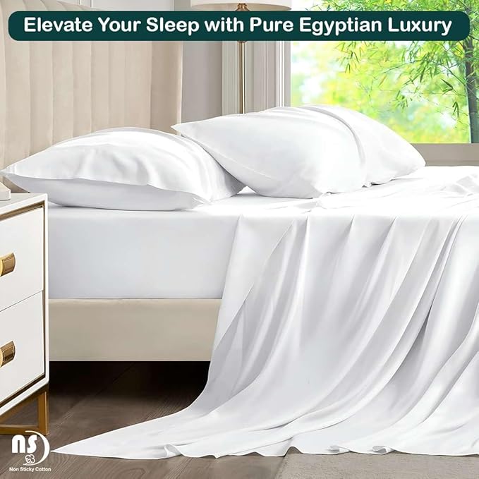 NON Sticky cotton Queen Size Sleeper Sofa Sheets, 4 Piece Egyptian Cotton Bed Sheet Set for Sofa Bed, 6" Deep Pocket Fitted Sheet for Pull Out Couch Mattress, 60" x 75", White Solid, Soft & Breathable
