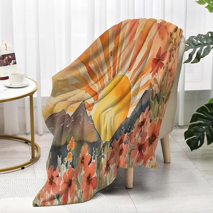Burn Orange Boho Sunrise Sunset Sun Print Throw Blankets Pink Floral Flower Blanket Modern Abstract Throws Spring Blankets for Couch Boho Decorative Blanket for Sofa Bed Living Room 70"x80"