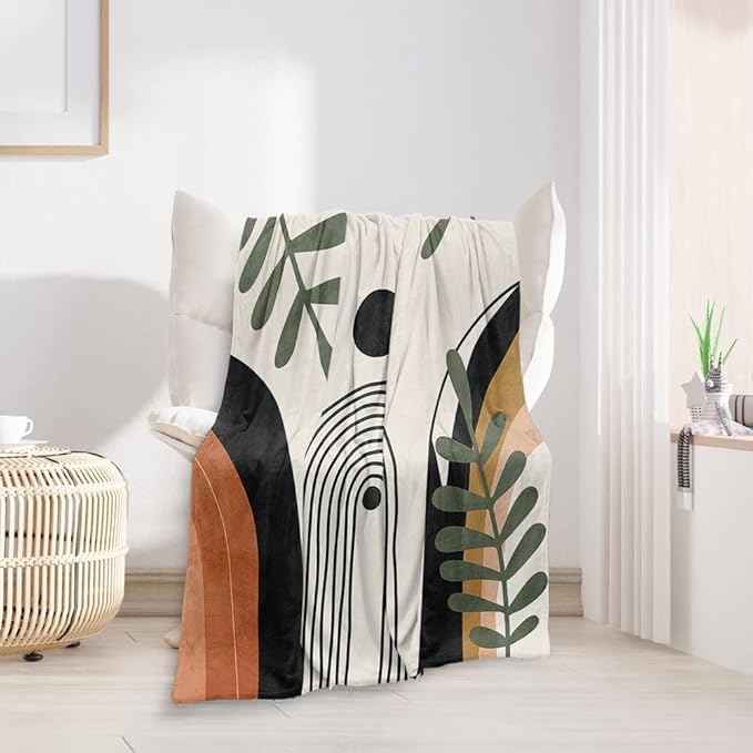 Abstract Modern Throw Blanket Boho Minimalist Mid Century Sun Aesthetic Soft Warm Bed Bedding Women Blankets for Couch Bedroom Sofa Office Cozy Flannel Blanket Orange Beige Black,40"X50"