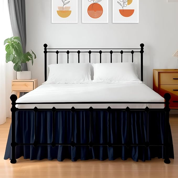 Shreem Linen Ruffled Bed Skirt with Split Corners, Gathered Style, 100% Microfiber, 16-Inch Drop, Dust Ruffle Bedskirt with Platform, Twin, Navy Blue