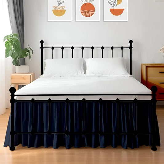 Shreem Linen Ruffled Bed Skirt with Split Corners, Gathered Style, 100% Microfiber, 15-Inch Drop, Dust Ruffle Bedskirt with Platform, Full, Navy Blue