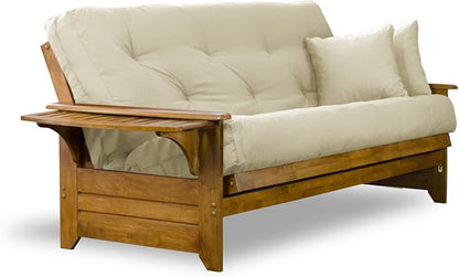 Nirvana Futons Brentwood Tray Arm Futon Sofabed Set - Queen Frame, 8" Thick Ivory Mattress, Rich Heritage Finish