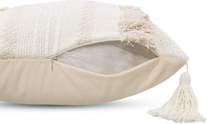 OJIA Lumbar Decorative Boho Throw Pillow Cover, 12 x 20 Farmhouse Cute Pillowcase Minimalist Neutral Collection Cream White Tufted with Tassels Woven Cushion Cover for Sofa Couch Bedroom Living Room