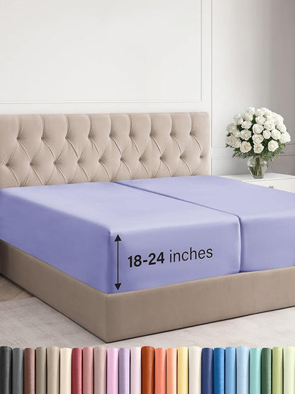 Extra Deep Split King Fitted Sheet - Hotel Luxury Single Fitted Sheet Only - Easily Fits 18 inch to 24 inch Mattress - Ultra Soft, Wrinkle Free with Extra Deep Pockets - Breathable & Comfy - Lavender