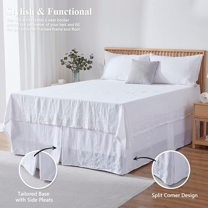 Simple&Opulence Belgian Linen Bed Skirt with Classic 14 inch Tailored Drop Dust Ruffle, Easy Fit Breathable Premium Natural Flax- Basic White, King