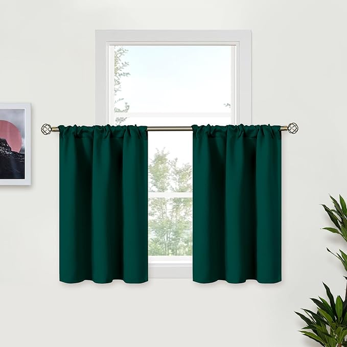 BGment Emerald Green Curtains 36 Inch Length for Kitchen Window - Rod Pocket Half Window Drapes for Bathroom Cafe Rv Camper Short Blackout Panel, 34 x 36 Inch, 2 Panels