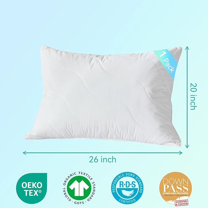 Three Geese White Goose Feather Down Pillows Standard Size Set of 1-100% Cotton, Medium Firm,Soft Support