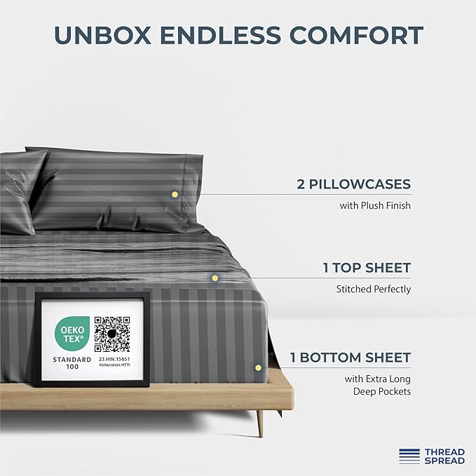 THREAD SPREAD Egyptian Cotton Sheets King Size - 1500 Thread Count 4 PC Damask Sheet Set Egyptian Cotton, Luxury Sheet King Size, Soft, Cooling Deep Pocket Sheets, Fits Upto 19" - Dark Grey Stripe