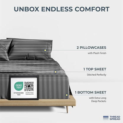 THREAD SPREAD Egyptian Cotton Sheets King Size - 1500 Thread Count 4 PC Damask Sheet Set Egyptian Cotton, Luxury Sheet King Size, Soft, Cooling Deep Pocket Sheets, Fits Upto 19" - Dark Grey Stripe