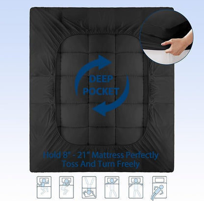 ELEMUSE Full Black Cooling Bamboo Viscose Mattress Topper for Back Pain, Extra Thick Mattress Pad Cover, Plush Soft Pillowtop with Elastic Deep Pocket, Overfilled Down Alternative Filling