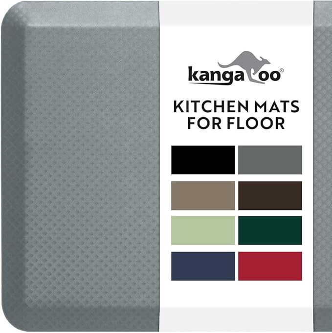 KANGAROO Thick Ergonomic Anti Fatigue Mats for Kitchen Floor, 70x24 Runner, Cushioned Standing Office Desk Mat, Waterproof Scratch Resistant Topside, Supportive All Day Comfort Padded Foam Rugs, Gray