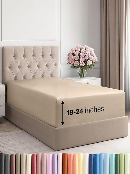 Extra Deep Twin Fitted Sheet - Hotel Luxury Single Fitted Sheet Only - Easily Fits 18 inch to 24 inch Mattress - Ultra Soft, Wrinkle Free w/Extra Deep Pockets - Easy-Care, Breathable & Comfy - Cream