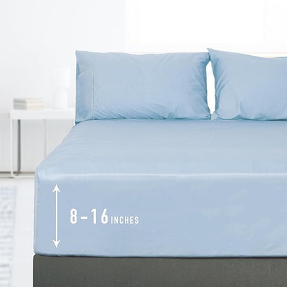 Sunflower Queen Fitted Sheet, 1-Piece Deep Pocket Fitted Bottom Sheet 16", 100% Cotton Sateen Soft Breathable, Powder Blue