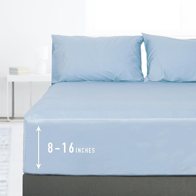 Sunflower Twin Fitted Sheet, 1-Piece Deep Pocket Fitted Bottom Sheet 15", 100% Cotton Sateen Soft Breathable, Powder Blue