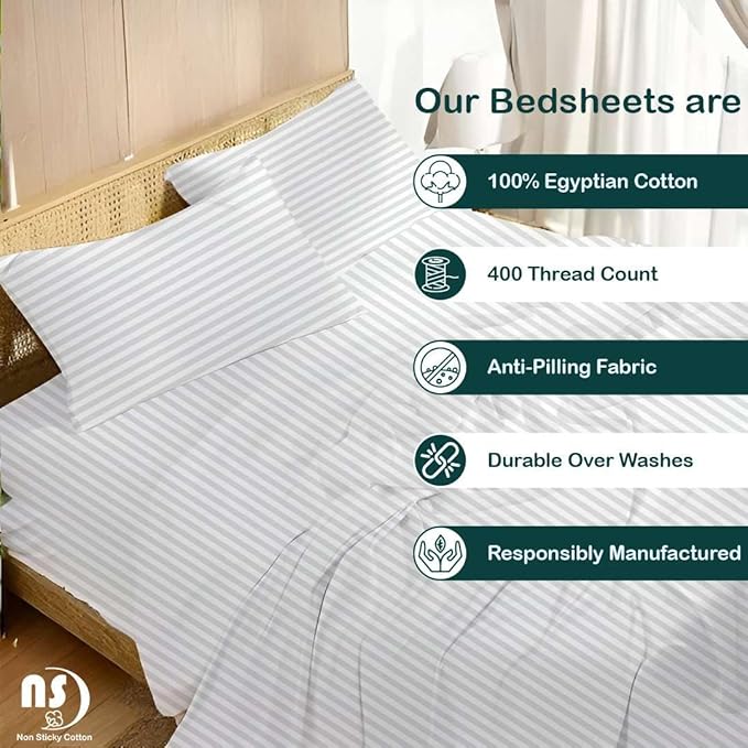 NON Sticky cotton Queen Size Sleeper Sofa Sheets, 4 Piece Egyptian Cotton Bed Sheet Set for Sofa Bed, 7" Deep Pocket for Pull Out Couch Mattress, 60" x 75", White Stripe, Soft & Breathable