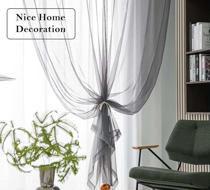 PI Sheer Curtains with Ring Top,Lightweight Voile Textured,Home Decoration Window Backdrop for Living Room/Bedroom 2 Panels (W52 X L90, Dark Grey)