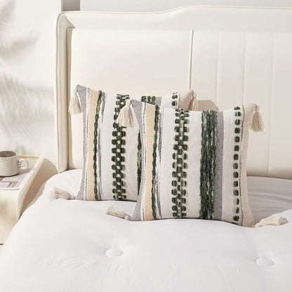Boho Throw Pillow Covers 18x18 Set of 2 Woven Tufted Farmhouse Pillows Cover with Tassels Textured Striped Cushion Case Neutral Pillow Cases Decorative Pillowcase for Couch Bed,Dark Green