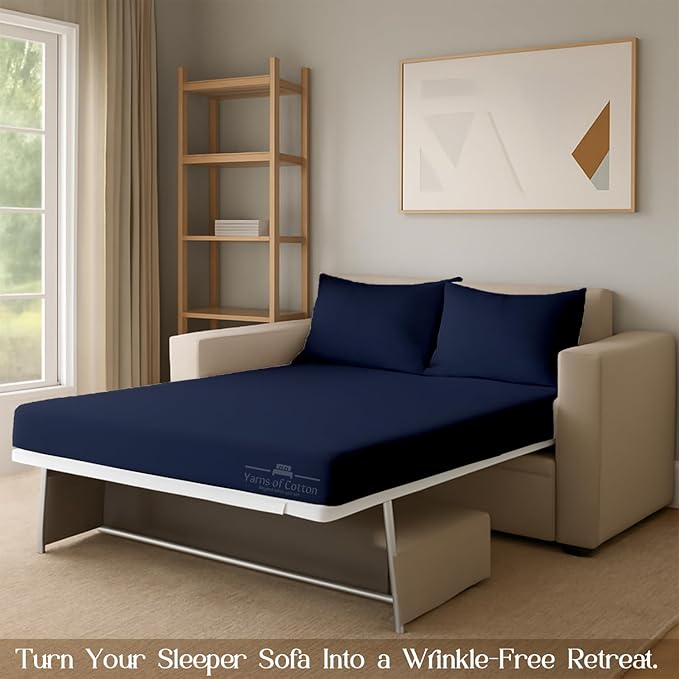 Sleeper Sofa 4 Piece Bed Sheet Set Premium Quality 100% Cotton 500 Thread Count, Smooth & Super Soft Sateen Weave, Extra Soft Bed Sheets, Wrinkle Free, 6 Inch Deep Pocket (Full, Navy)