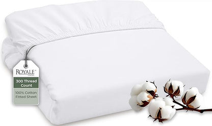 ROYALE LINENS 300 Thread Count 100% Long Staple Combed Cotton Fitted Sheet Full - Super Soft Deep Pocket Bottom Sheet - Fitted Sheets Only - Elastic Sheets (Full, White)