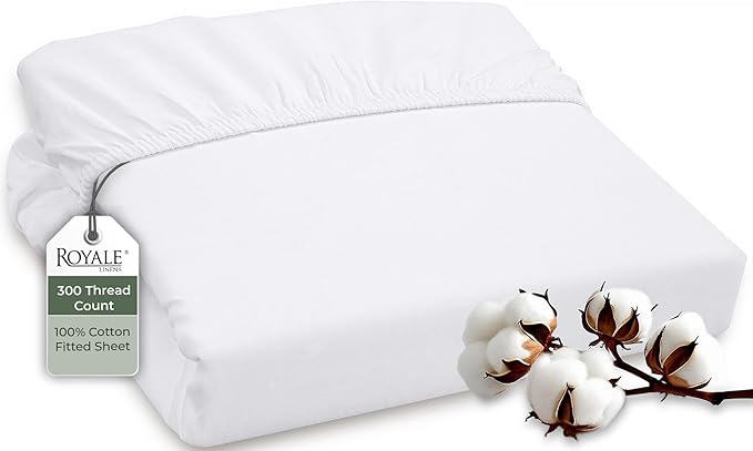ROYALE LINENS 300 Thread Count 100% Long Staple Combed Cotton Fitted Sheet Twin - Super Soft Deep Pocket Bottom Sheet - Fitted Sheets Only - Elastic Sheets (Twin, White)