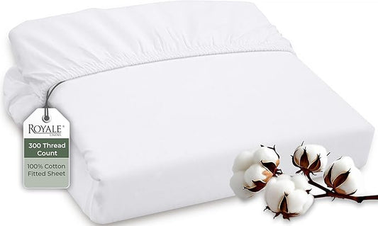 ROYALE LINENS 300 Thread Count 100% Long Staple Combed Cotton Fitted Sheet Twin - Super Soft Deep Pocket Bottom Sheet - Fitted Sheets Only - Elastic Sheets (Twin, White)