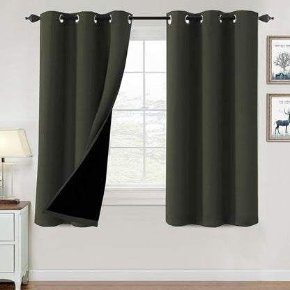 H.VERSAILTEX 100% Blackout Curtains for Bedroom Thermal Insulated Blackout Curtains Heat and Full Light Blocking Curtains for Living Room with Black Liner 2 Panels Set, 42 x 63 Inch, Olive