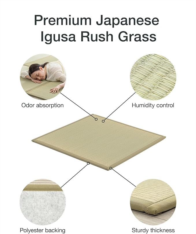 FULI Japanese Square Tatami Rug, Lightweight Igusa Mat (Japanese Rush Grass), Made in Japan (Natural, 9 Pieces)