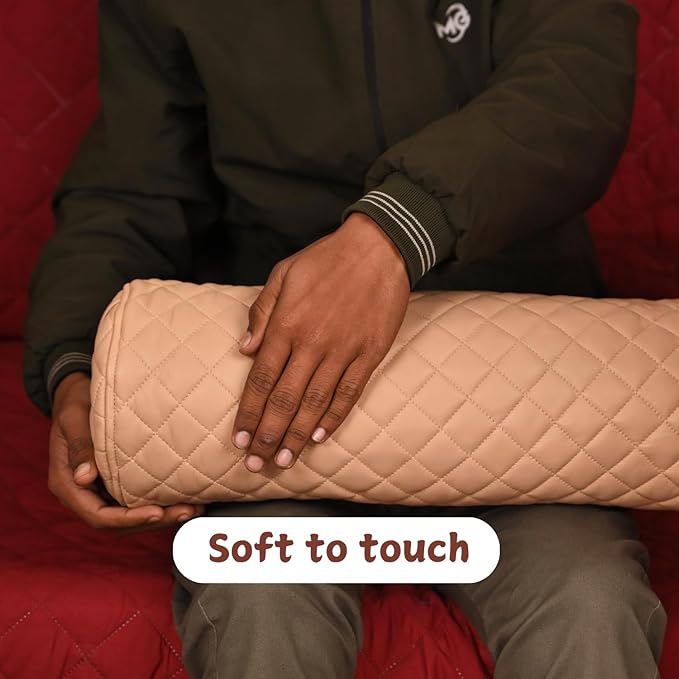 Neck Roll Pillow Cushion Cover, 16x5 Inch Full Moon Round Bolster Pillow Case, Cylinder Soft Lambskin Leather Pillowcase for Head, Spine & Neck Support During Sleep - Quilted Beige Pack of 1