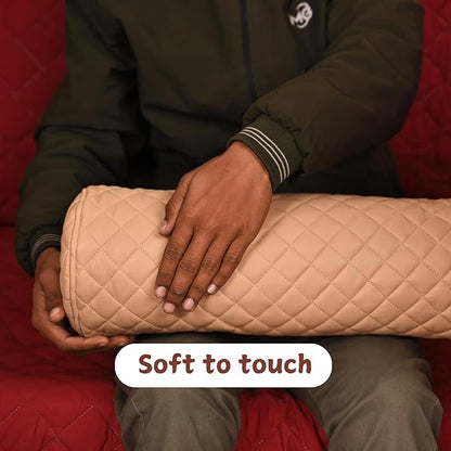 Neck Roll Pillow Cushion Cover, 20x7 Inch Full Moon Round Bolster Pillow Case, Cylinder Soft Lambskin Leather Pillowcase for Head, Spine & Neck Support During Sleep - Quilted Beige Pack of 2