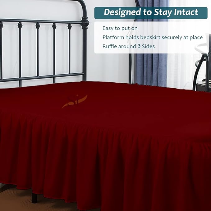 Shreem Linen Ruffled Bed Skirt with Split Corners, Gathered Style, 100% Microfiber, 16-Inch Drop, Dust Ruffle Bedskirt with Platform, Olympic Queen, Burgundy