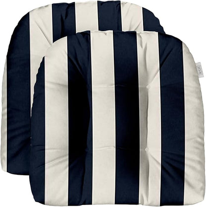RSH DECOR: Tufted U-Shape Wicker Seat Cushions Set of 2 | 19” x 19” | All-Weather Spun Fabric | Water-Resistant | Outdoor Chair Cushions for Patio Furniture | Navy & White Stripe