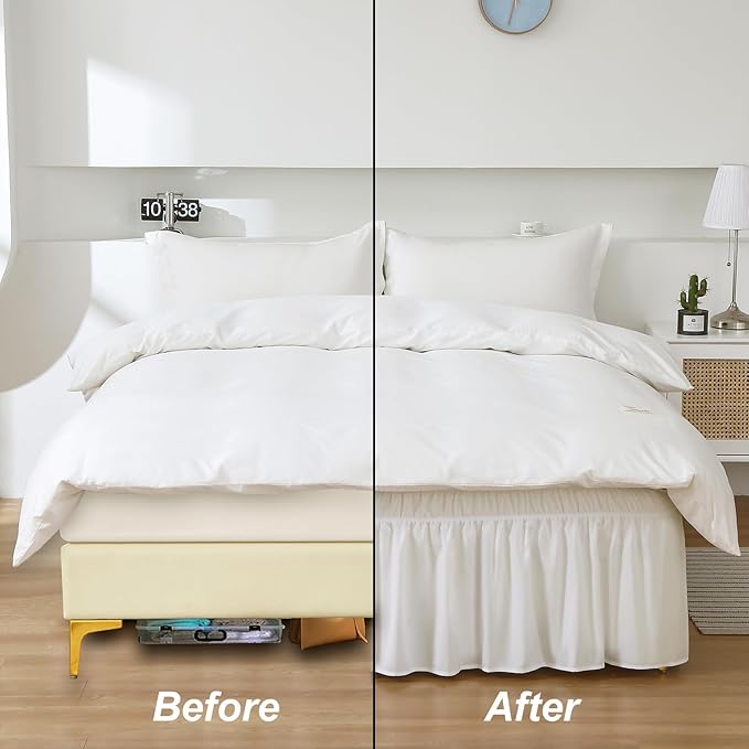MEILA Wrap Around Bed Skirt Three Fabric Sides Elastic Dust Ruffled 16 Inch Tailored Drop,Easy to Install Fade Resistant-Natural White, Queen/King