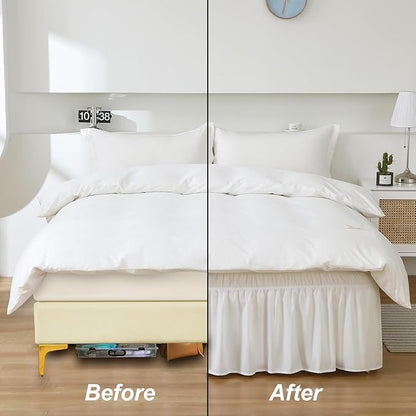 MEILA Wrap Around Bed Skirt Three Fabric Sides Elastic Dust Ruffled 16 Inch Tailored Drop,Easy to Install Fade Resistant-Natural White, Queen/King
