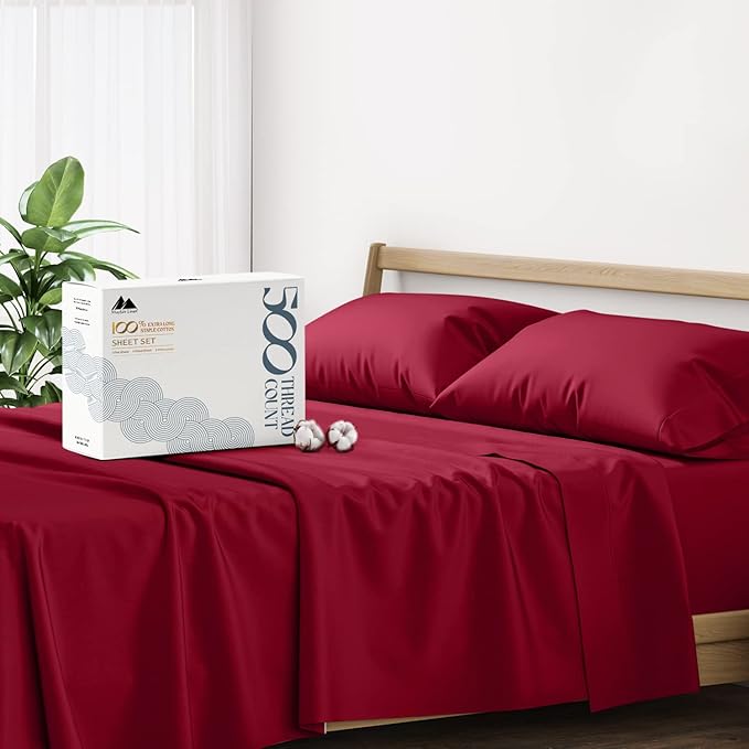 Mayfair Linen 500 Thread Count Full Cotton Sheets - 4 PC Full Size Bed Sheet Set Cotton (Burgundy), Soft, Cooling, Sateen Hotel-Quality 16" Deep Pocket Bedsheet for Hot Sleepers (Fits 18" Mattress)