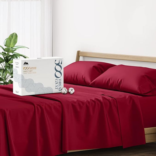Mayfair Linen 500 Thread Count California King Cotton Sheets - 4 PC Cal King Size Bed Sheet Set Cotton (Burgundy), Soft, Cooling, Sateen 16" Deep Pocket Bedsheet for Hot Sleepers (Fits 18" Mattress)