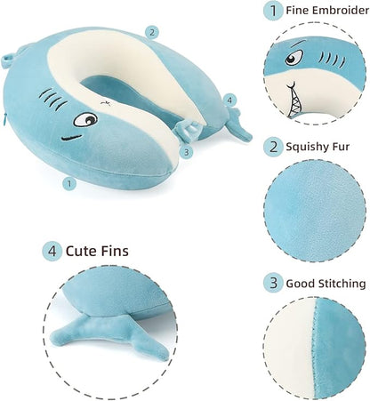 Niuniu Daddy Kids Travel Pillow for Airplane Road Trip Car Seat, Neck Chin Supporting, Stop Head from Falling Forward, Memory Foam with Cute Shark Animal Cover, Gift for Boy Girl - Shark Travel Pillow