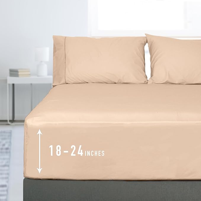 Sunflower Queen Fitted Sheet, 1-Piece Extra Deep Pocket Fitted Bottom Sheet 22", 100% Cotton Sateen Soft Breathable, Light Khaki
