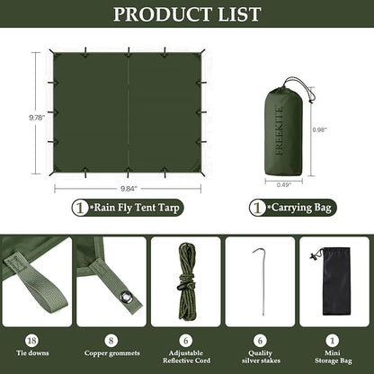 Camping Tarp Tent Portable Multifunctional Bushcraft Backpacking Tear-Resistant Fabric Rain Fly Tarps Awning Shelter Lightweight Waterproof Tarp(10×10 tarp)