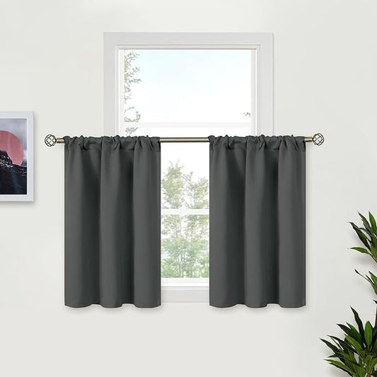 BGment Blackout Cafe Curtains 30 Inch Length - Small Drapes with Rod Pocket Privacy for Bathroom Kitchen Window Over Sink, Dark Grey, 2 Panels, 29 x 30 Inch