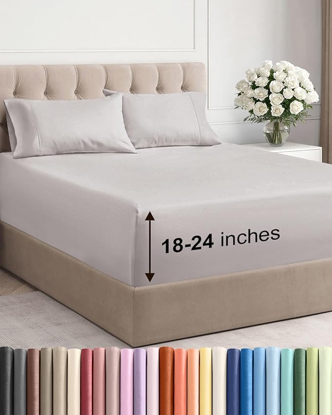 Extra Deep Pocket Cal King Sheets - 4 Piece Breathable & Cooling Bed Sheets - Hotel Luxury Sheet Set - Soft, Wrinkle Free & Comfy - Easily Fits Extra Deep Mattresses - Deep Pocket Light Grey Sheets