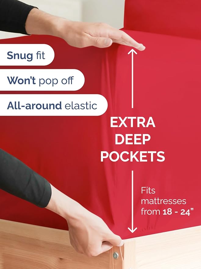 Extra Deep King Fitted Sheet - Hotel Luxury Single Fitted Sheet Only - Easily Fits 18 inch to 24 inch Mattress - Ultra Soft, Wrinkle Free with Extra Deep Pockets - Easy-Care, Breathable & Comfy - Red