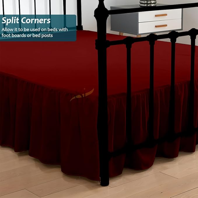 Shreem Linen Ruffled Bed Skirt with Split Corners, Gathered Style, 100% Microfiber, 8-Inch Drop, Dust Ruffle Bedskirt with Platform, Full-XXL, Burgundy