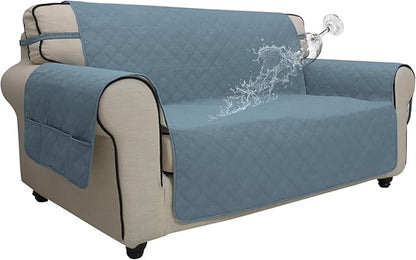 Easy-Going Waterproof Oversized Loveseat Covers Leakproof Couch Cover for 2 Cushion Couch Sofa Cover Washable Sofa Slipcover Non-Slip Furniture Protector with Pocket for Pets (Medium-XL, Light Blue)
