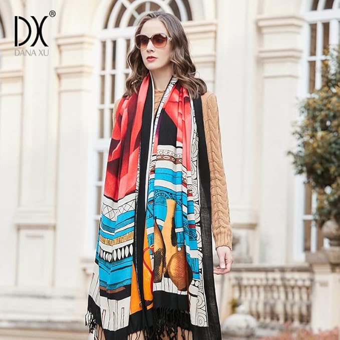 DANA XU 100% Merino Wool Extra Large Pashmina Blanket Travel Scarf Cashmere Wrap for Women Fall Winter Oversize Shawl Floral