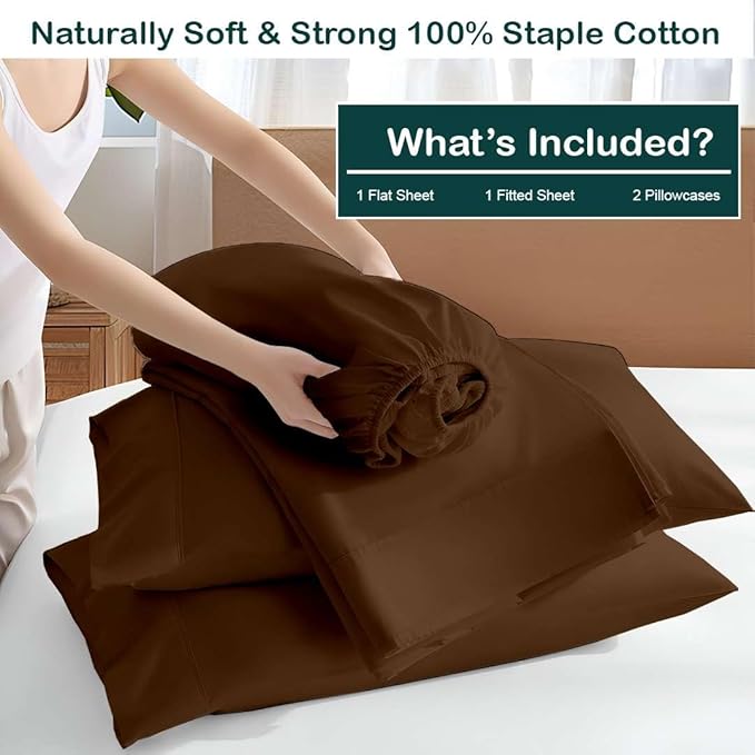 NON Sticky cotton Full Size Sleeper Sofa Sheets, 4 Piece Egyptian Cotton Bed Sheet Set for Sofa Bed, 8" Deep Pocket for Pull Out Couch Mattress, 54" x 75", Chocolate Solid, Soft & Breathable