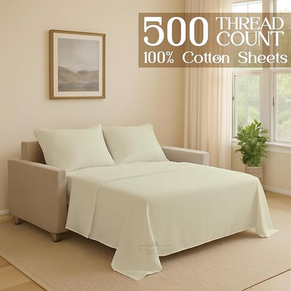 Sleeper Sofa 4 Piece Bed Sheet Set Premium Quality 100% Cotton 500 Thread Count, Smooth & Super Soft Sateen Weave, Extra Soft Bed Sheets, Wrinkle Free, 6 Inch Deep Pocket (Twin, Ivory)